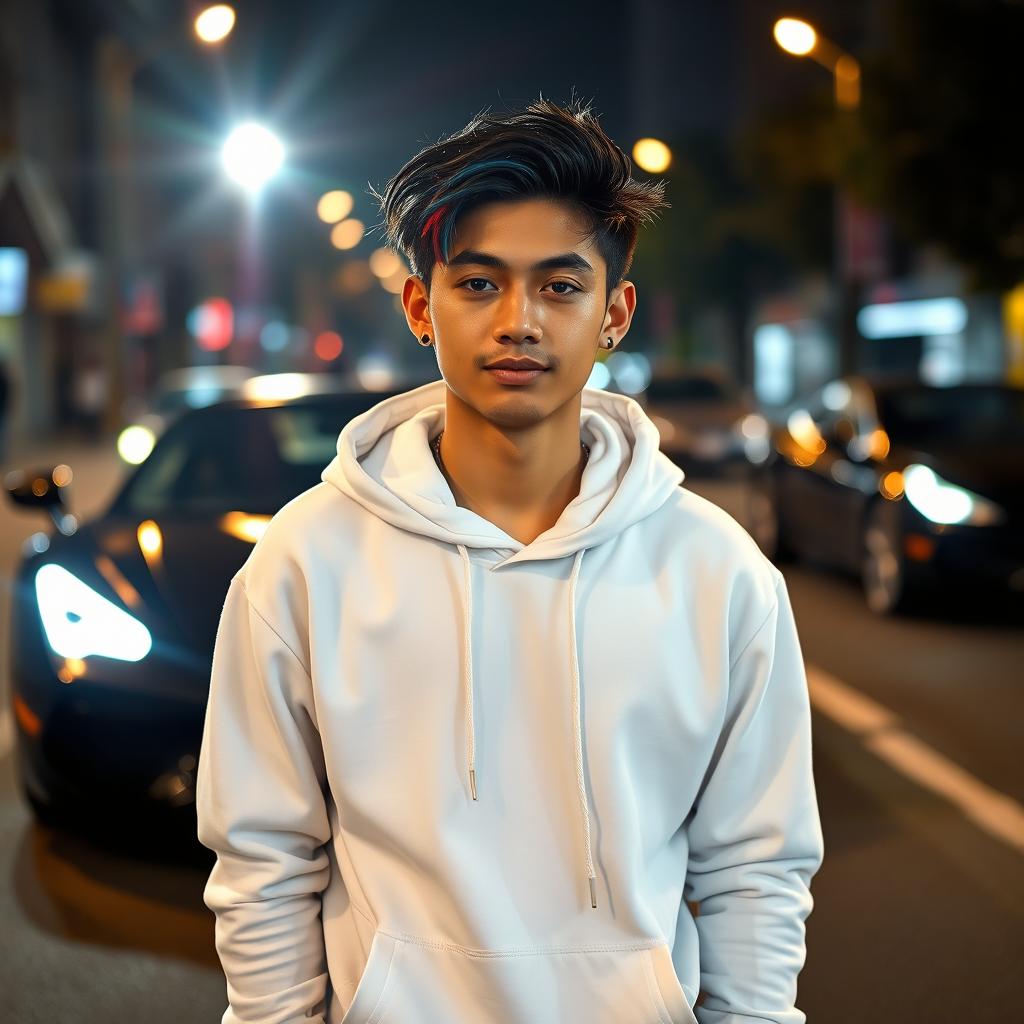 A realistic photo of a fair-skinned young Indonesian man standing on a busy city street at night