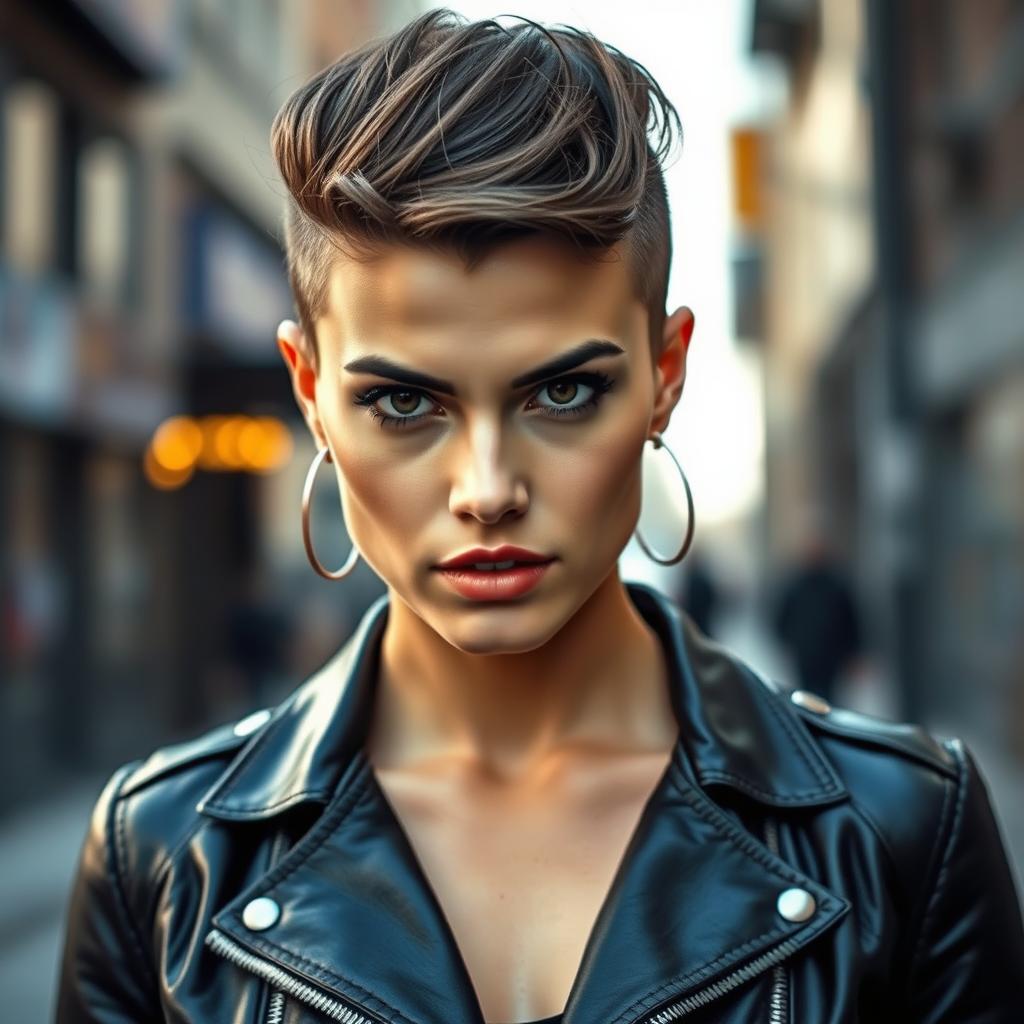 A stunning and attractive woman with a masculine appearance, wearing a stylish black leather jacket