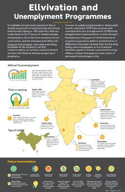 An informative overview of the alleviation and unemployment programmes in India, discussing various initiatives undertaken by the government to mitigate unemployment and improve living standards for citizens