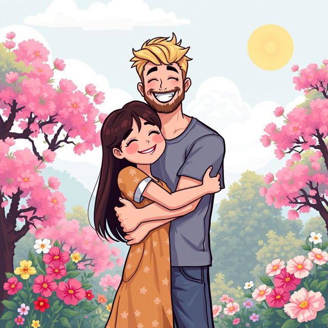 A charming retro pixel art scene featuring a loving couple in a warm embrace
