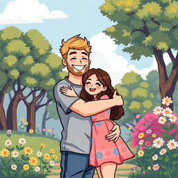 A charming retro pixel art scene featuring a loving couple in a warm embrace
