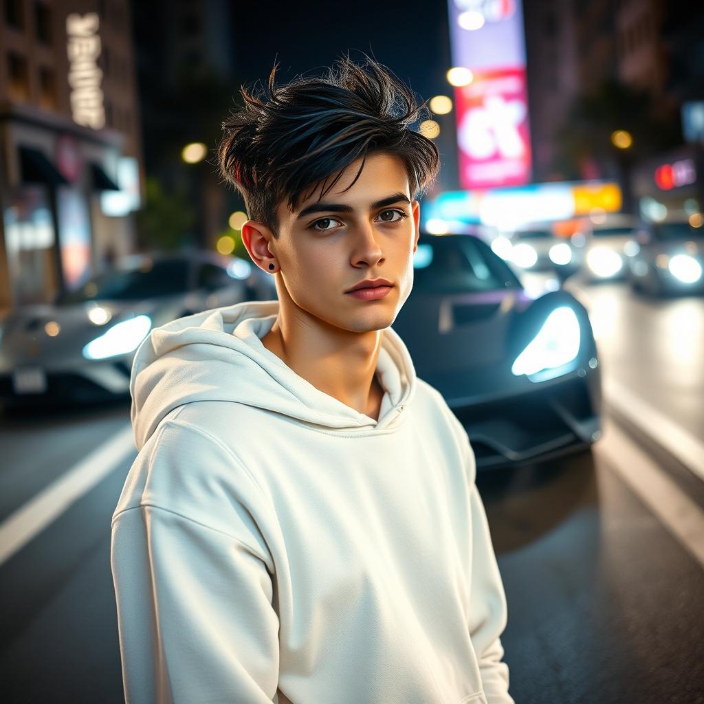A realistic photo of a fair-skinned young man standing on a busy city street at night