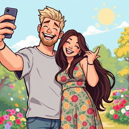 A delightful retro pixel art scene featuring a cute couple joyfully taking a selfie together