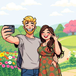 A delightful retro pixel art scene featuring a cute couple joyfully taking a selfie together