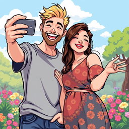 A delightful retro pixel art scene featuring a cute couple joyfully taking a selfie together