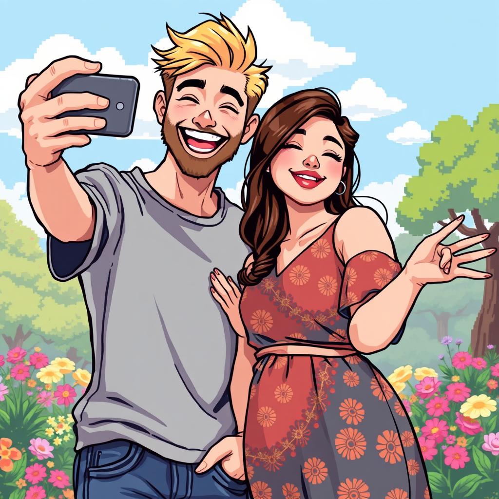 A delightful retro pixel art scene featuring a cute couple joyfully taking a selfie together