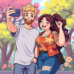 A charming retro pixel art scene featuring a cute couple happily taking a selfie together