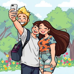 A charming retro pixel art scene featuring a cute couple happily taking a selfie together