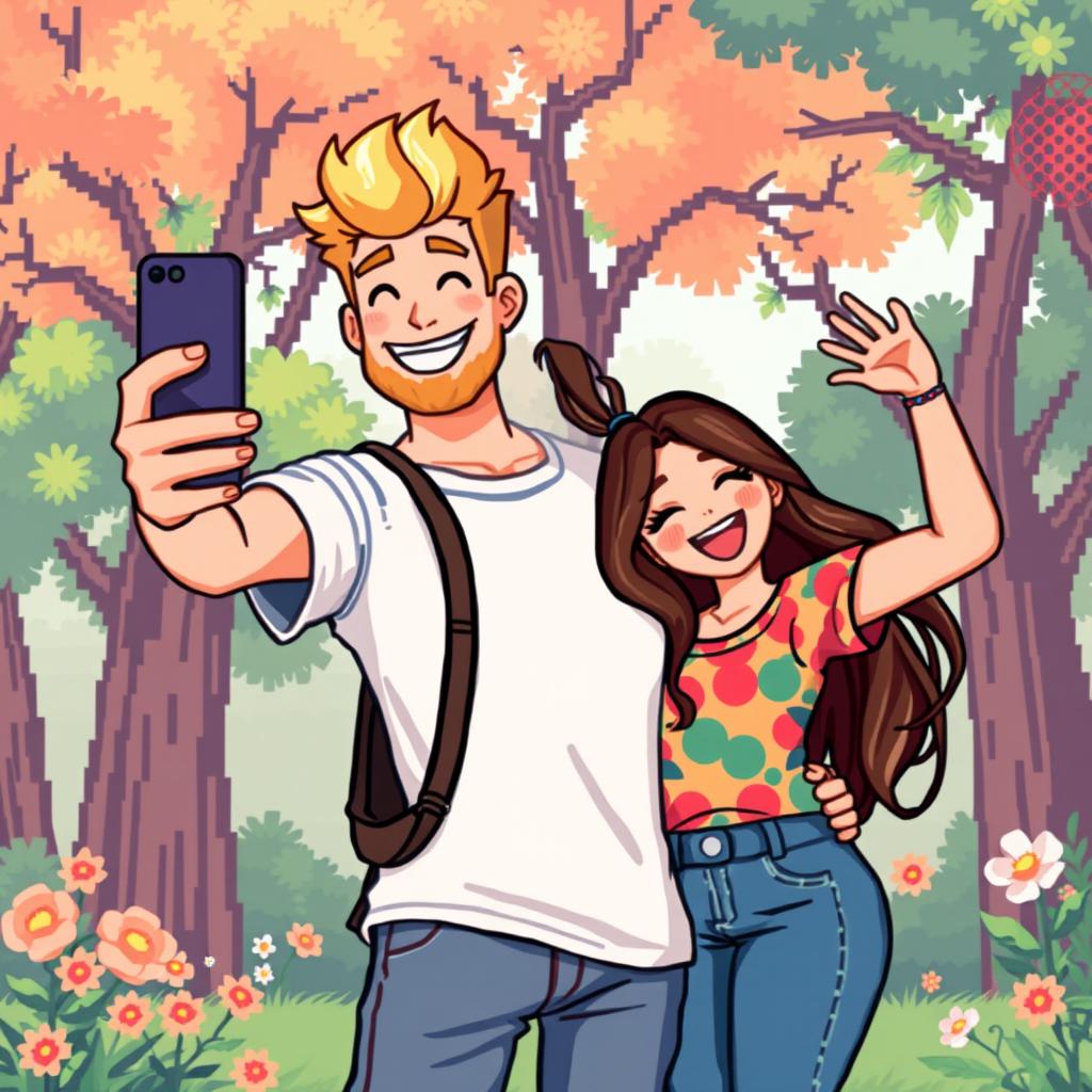 A charming retro pixel art scene featuring a cute couple happily taking a selfie together