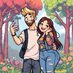A charming retro pixel art scene featuring a cute couple happily taking a selfie together