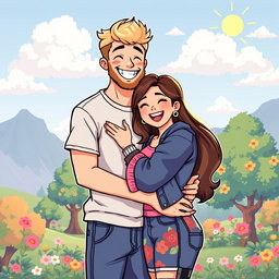 A delightful retro pixel art scene of a cute couple hugging, radiating warmth and affection