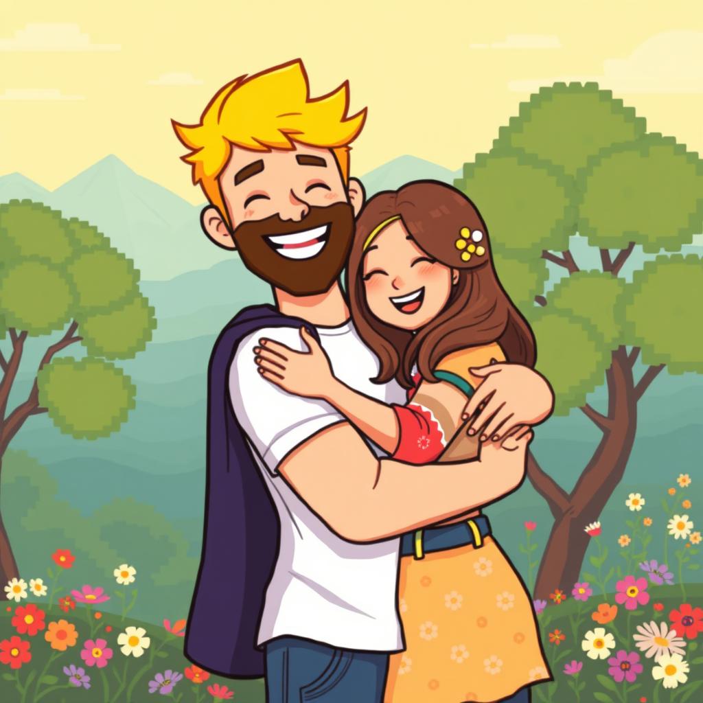 A delightful retro pixel art scene of a cute couple hugging, radiating warmth and affection