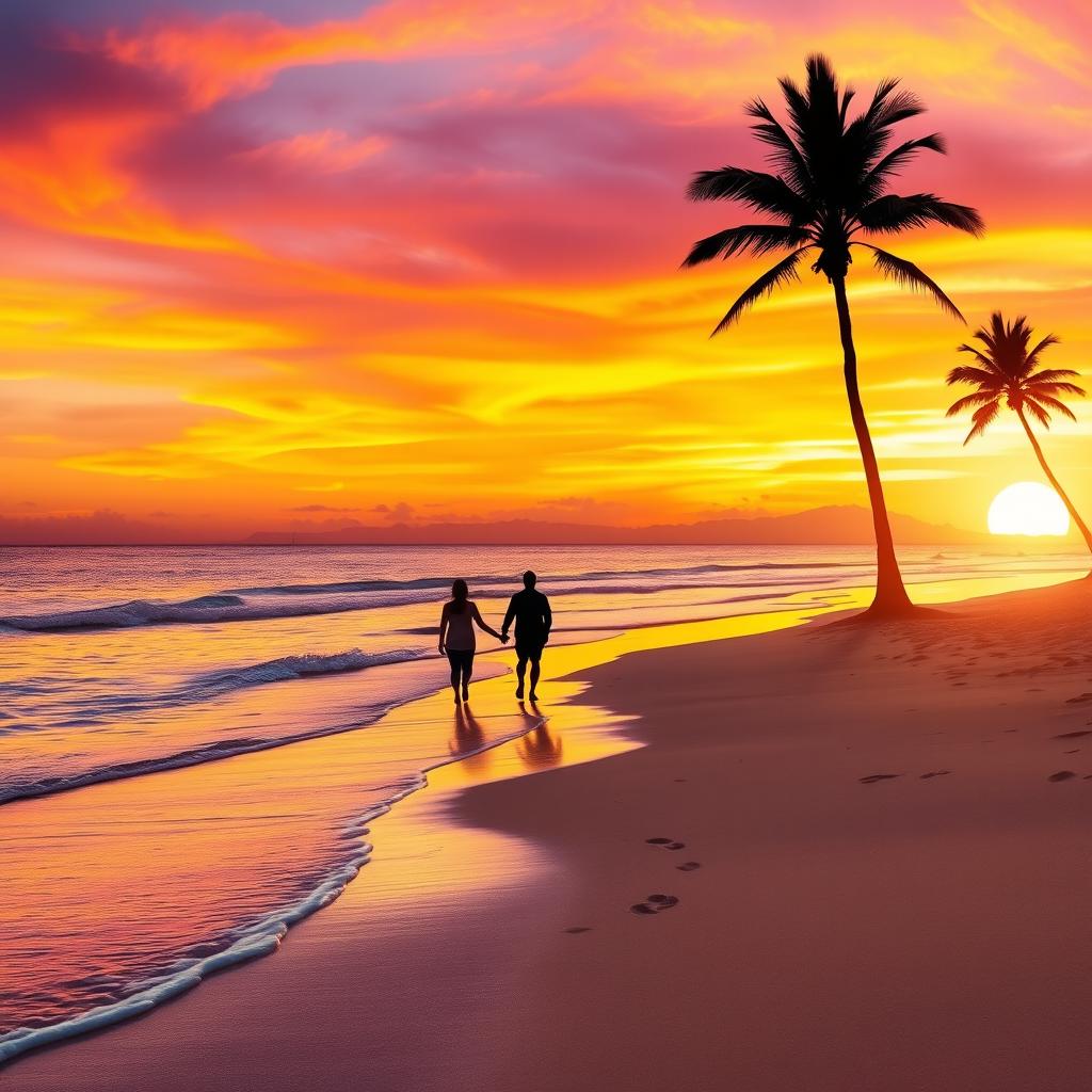A beautiful sunset over a serene beach, with vibrant colors of orange, purple, and pink blending in the sky