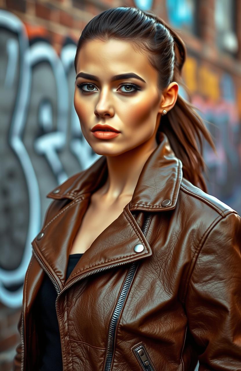 A strikingly attractive lesbian woman, exuding confidence and allure, wearing a stylish leather jacket
