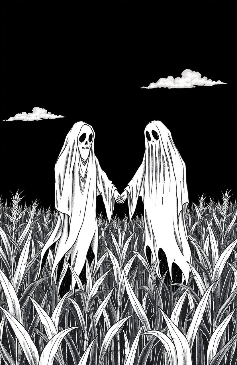 Two ghosts holding hands in front of a cornfield (milharão) under a black sky, illustrated in a hand-drawn sketch style