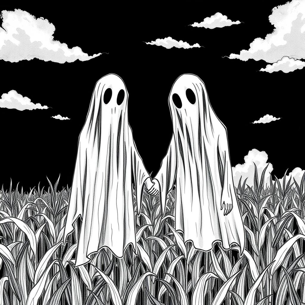 Two faceless ghosts with hollow eyes holding hands in front of a cornfield (milharão) beneath a black sky, illustrated in a hand-drawn sketch style