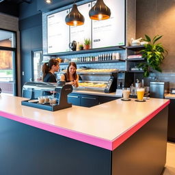 A stylish coffee shop counter featuring a distinctive 1-inch thin pink wood border elegantly positioned on the top edge