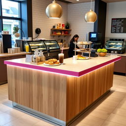A stylish coffee shop counter featuring a distinctive 1-inch thin pink wood border elegantly positioned on the top edge