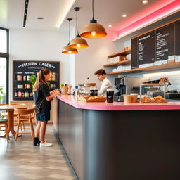 A stylish coffee shop counter featuring a distinctive 1-inch thin pink wood border elegantly positioned on the top edge