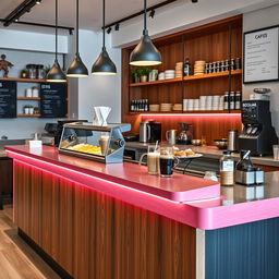 A stylish coffee shop counter featuring a distinctive 1-inch thin pink wood border elegantly positioned on the top edge