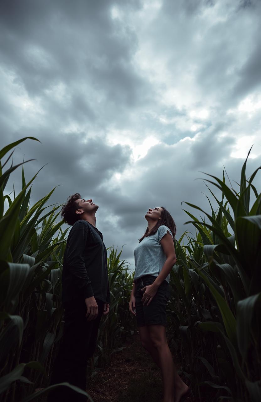 A captivating scene of two people standing in a cornfield, looking up at a dark, moody sky filled with varying shades of gray and hints of blue