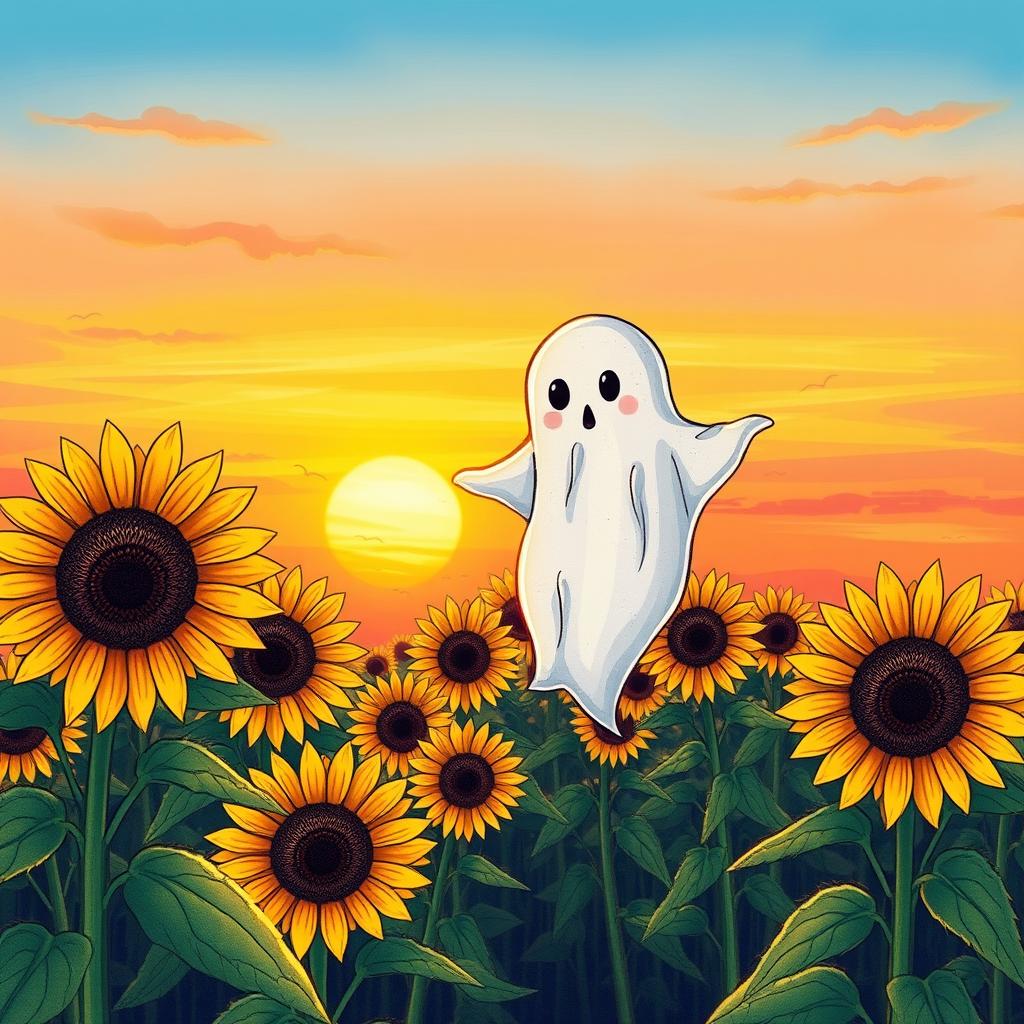 A ghost floating among a sunflower field during sunset, with vibrant yellow sunflowers stretching towards the sky