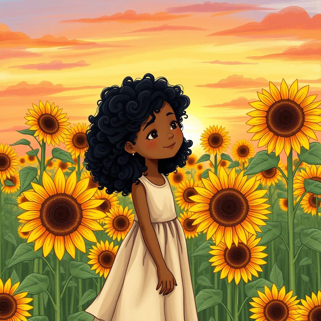 A girl with curly black hair and brown skin standing amongst a field of sunflowers during sunset
