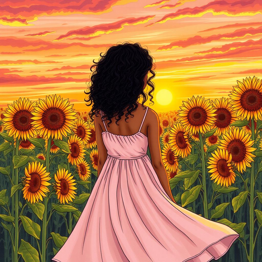 A girl with curly black hair and brown skin seen from behind, standing in a sunflower field during sunset