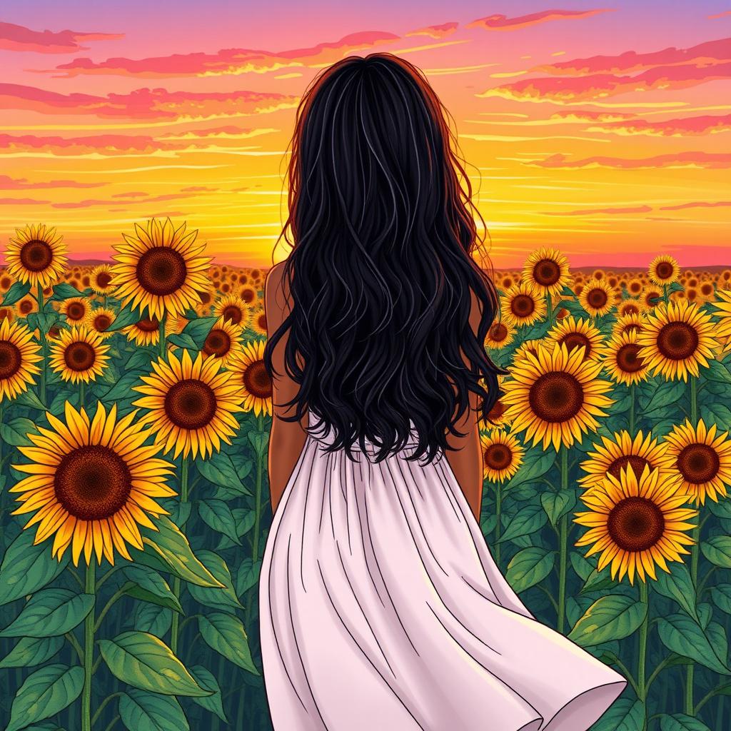 A girl with long, curly black hair and brown skin seen from behind, standing in the midst of a sunflower field at sunset