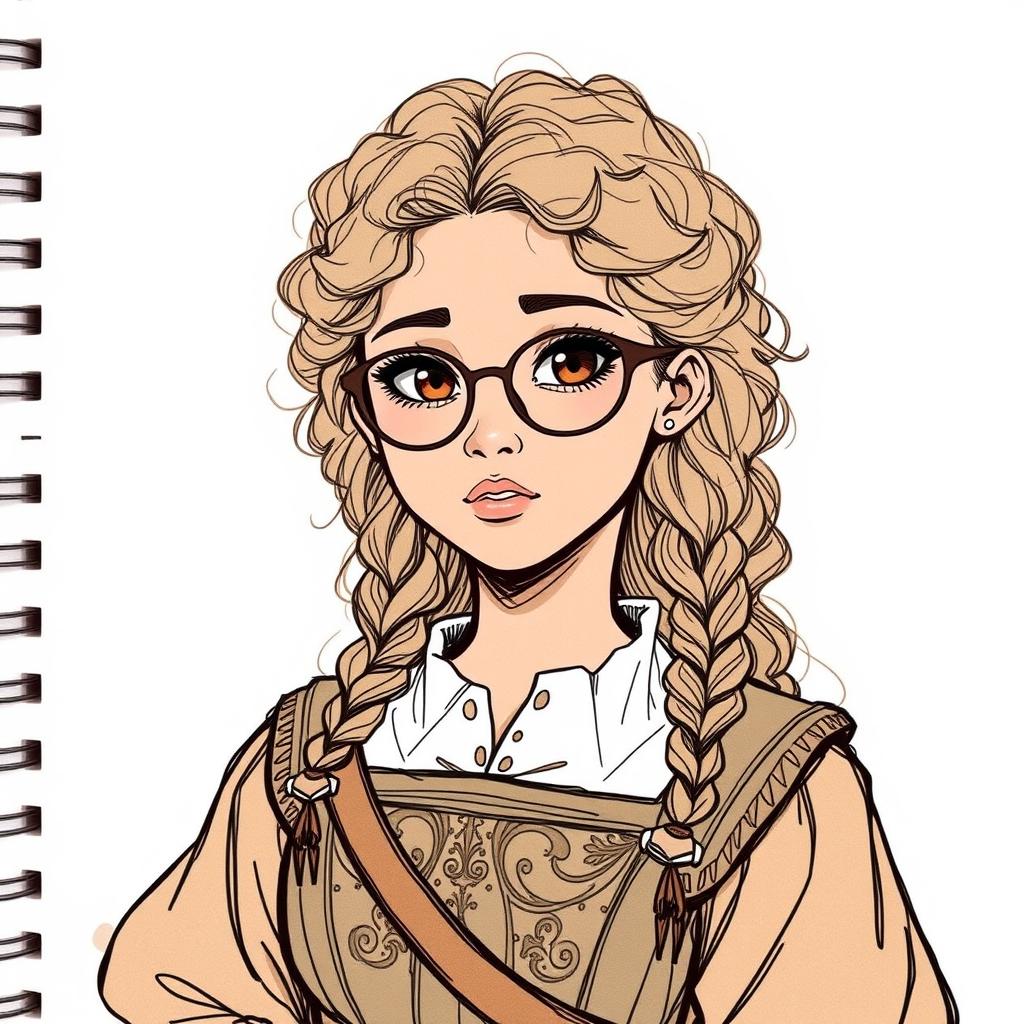 A 16-year-old young woman with light brown skin, long curly hair, and brown eyes wearing medieval clothing, illustrated in a hand-drawn sketch style