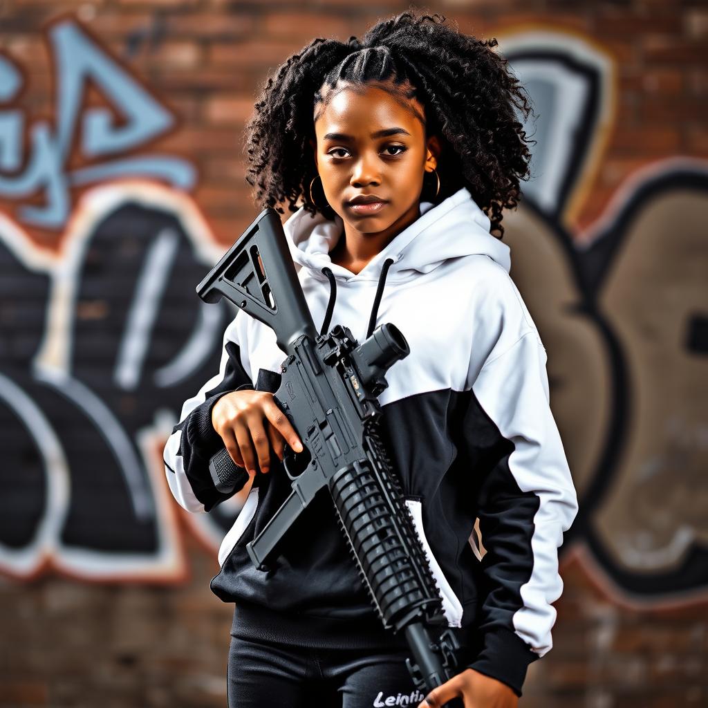 A confident full-body portrait of a black girl holding an AR-15 rifle, wearing a stylish white and black hoodie