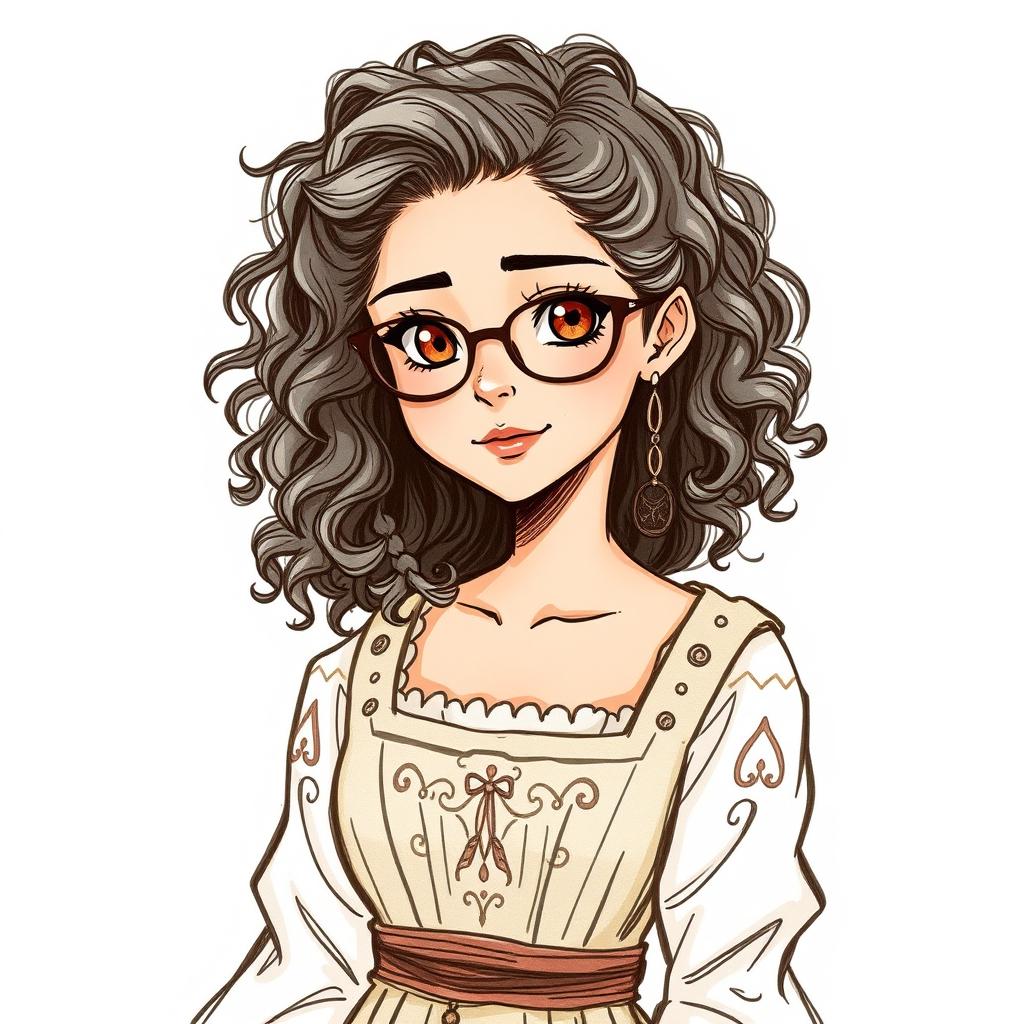 A 16-year-old young woman with light brown skin, long curly black hair, and brown eyes wearing medieval clothing, illustrated in a hand-drawn sketch style