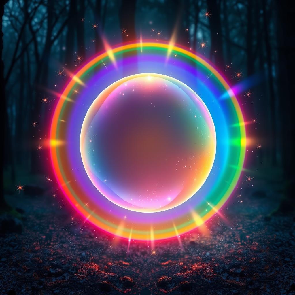 A beautiful, glowing spherical magical light that emits a spectrum of seven vibrant rainbow colors radiating around it