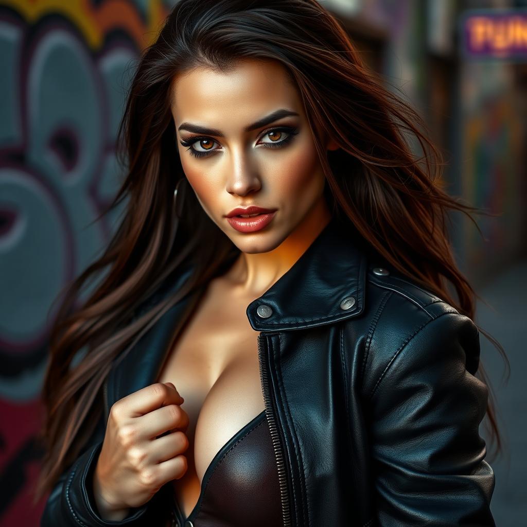 A hot, masculine lesbian character with long hair and a beautiful yet handsome face, confidently posing while wearing a stylish leather jacket