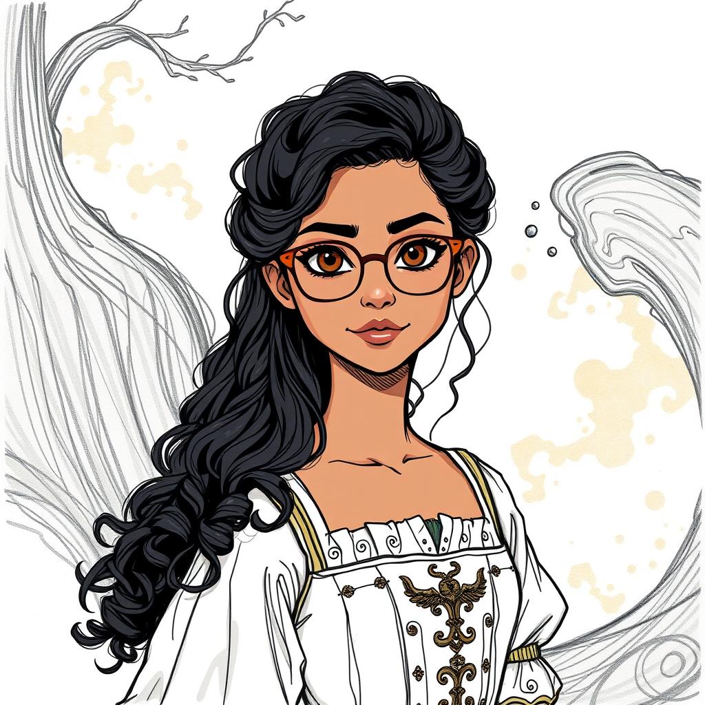 A 16-year-old young woman with brown skin, long curly black hair, and brown eyes wearing medieval clothing, illustrated in a hand-drawn sketch style