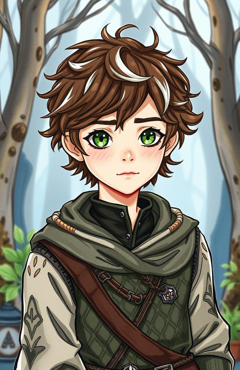 A young character, 16 years old, with wavy brown hair featuring white streaks, and striking green eyes
