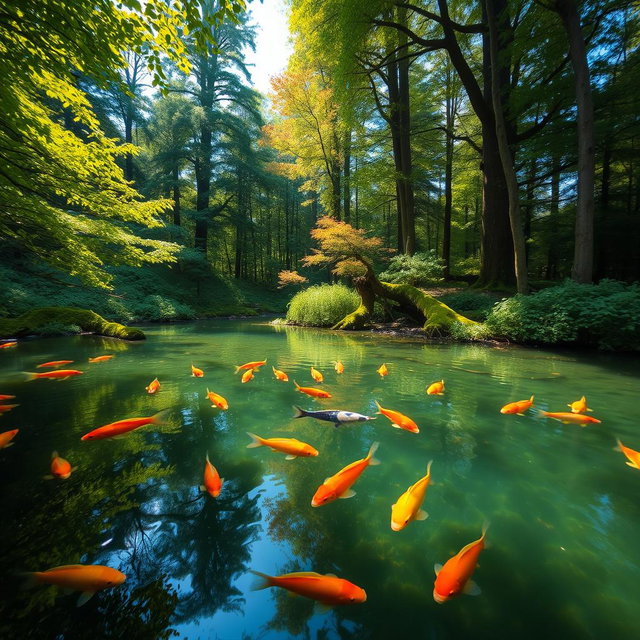 A serene and picturesque pond located in the heart of a lush, green forest