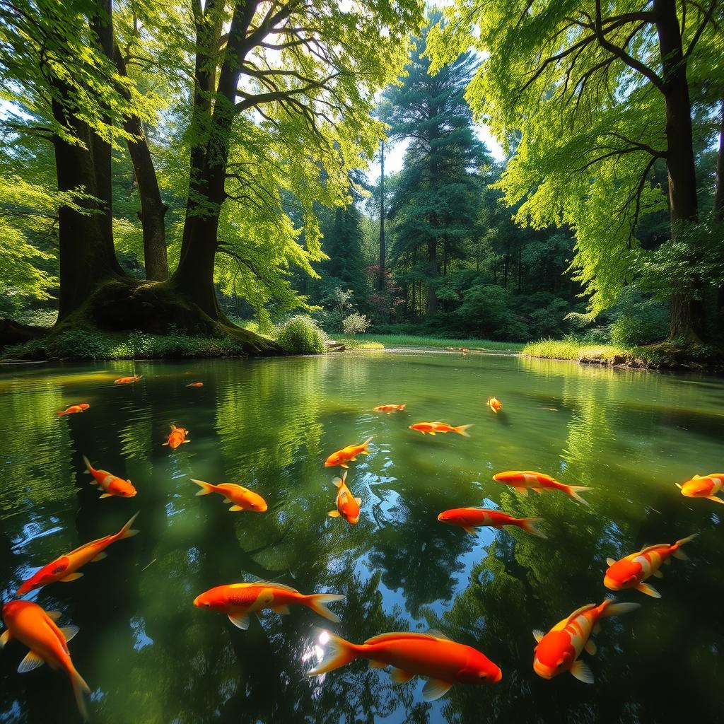 A serene and picturesque pond located in the heart of a lush, green forest