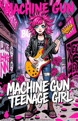 A dynamic and vibrant album cover for a fictional band called 'Machine Gun Teenage Girl'