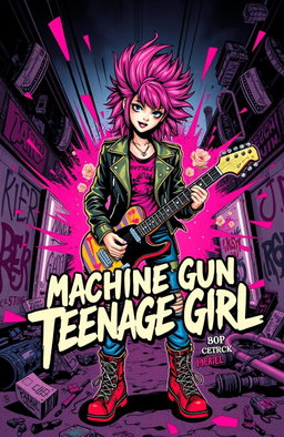 A dynamic and vibrant album cover for a fictional band called 'Machine Gun Teenage Girl'