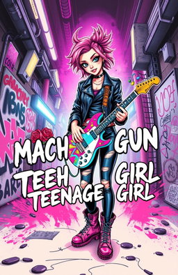 A dynamic and vibrant album cover for a fictional band called 'Machine Gun Teenage Girl'