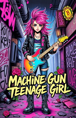 A dynamic and vibrant album cover for a fictional band called 'Machine Gun Teenage Girl'