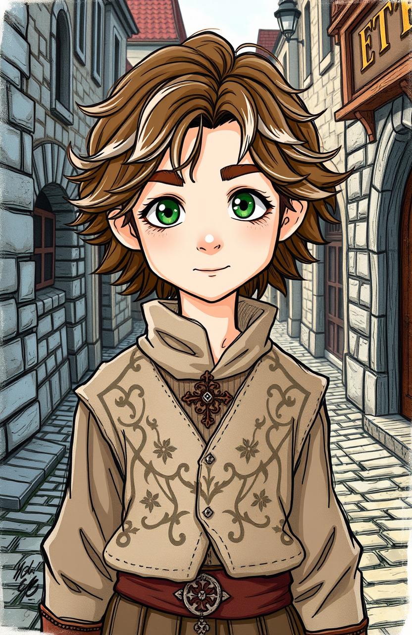 A 16-year-old boy with wavy brown hair featuring white highlights, striking green eyes, dressed in medieval clothing
