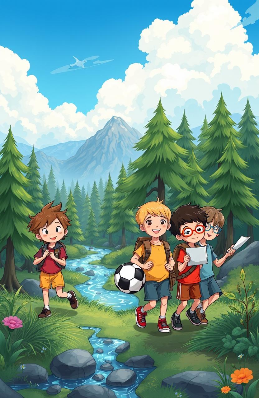 A group of four adventurous children exploring an enchanted forest, searching for hidden treasures