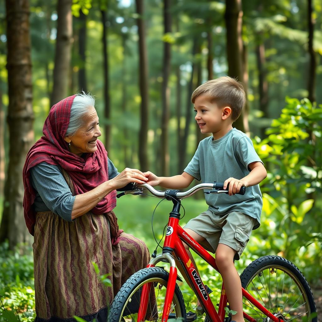 An old, very poor lady, dressed in tattered clothing, engaging in a warm conversation with a 9-year-old boy