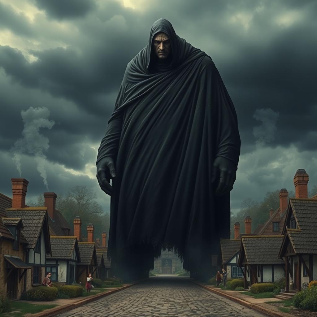 A giant, imposing figure wrapped in a flowing black blanket, exuding an aura of cruelty