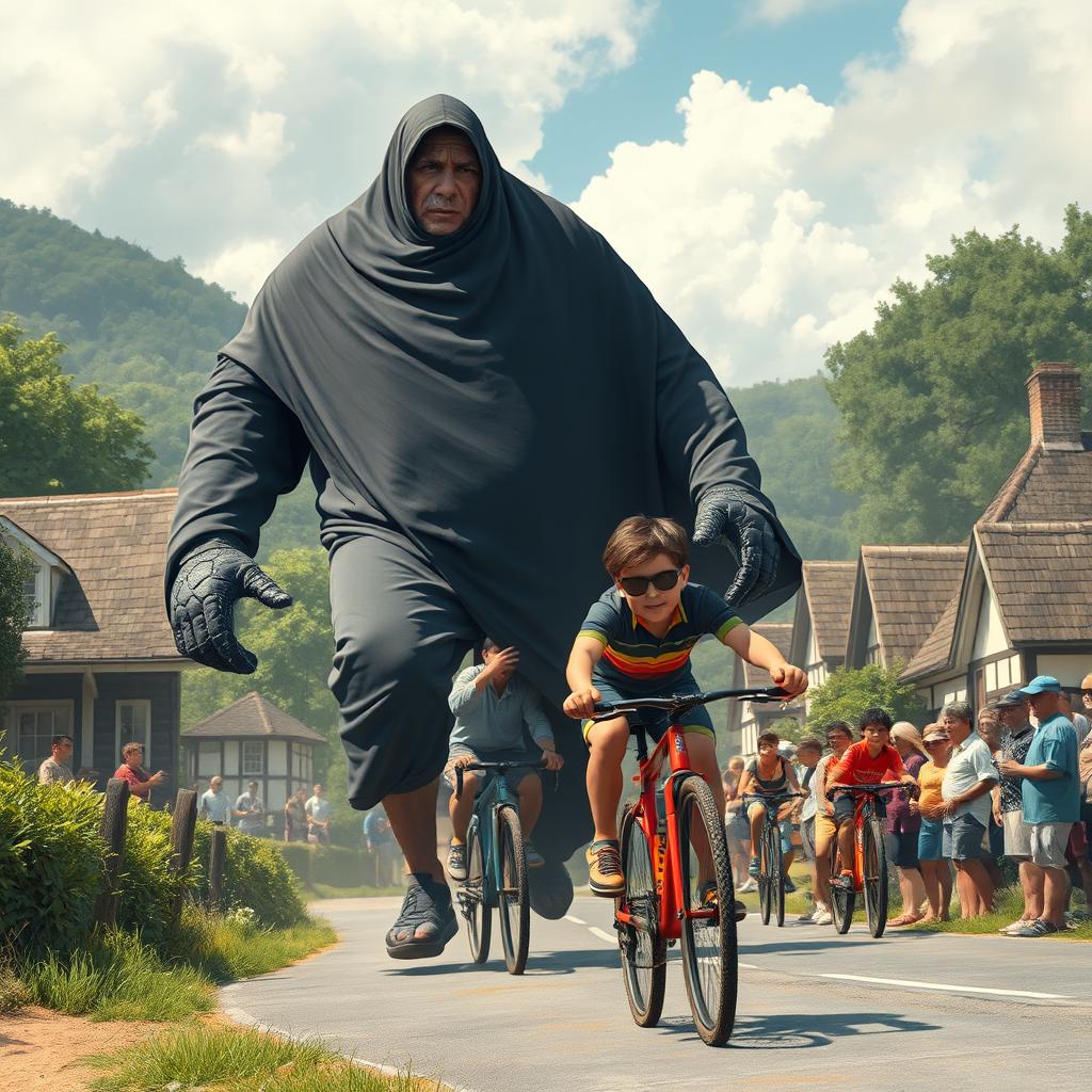 A dramatic scene in a small village, featuring a giant, imposing figure wrapped in a black blanket, participating in a bicycle race alongside a 9-year-old boy