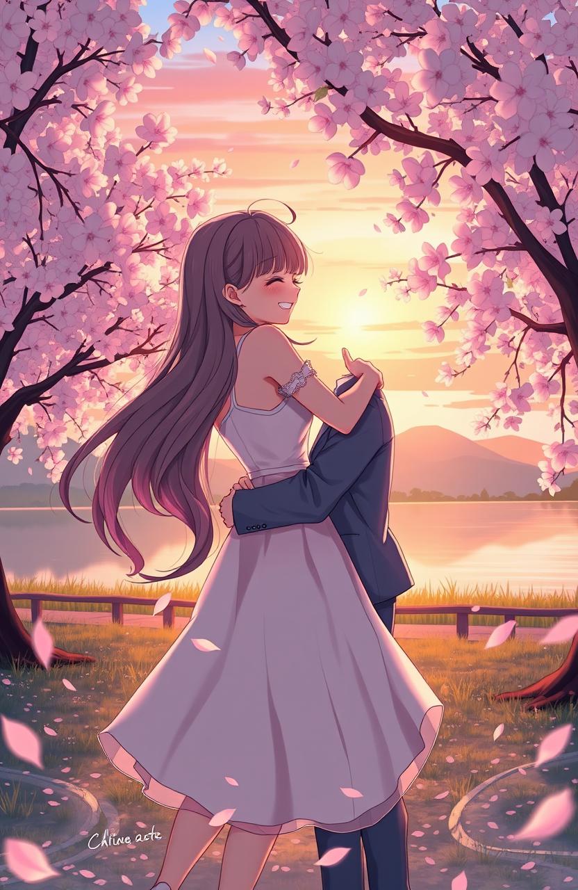 A captivating scene from a light novel depicting two characters experiencing a poignant reunion under the soft glow of twilight