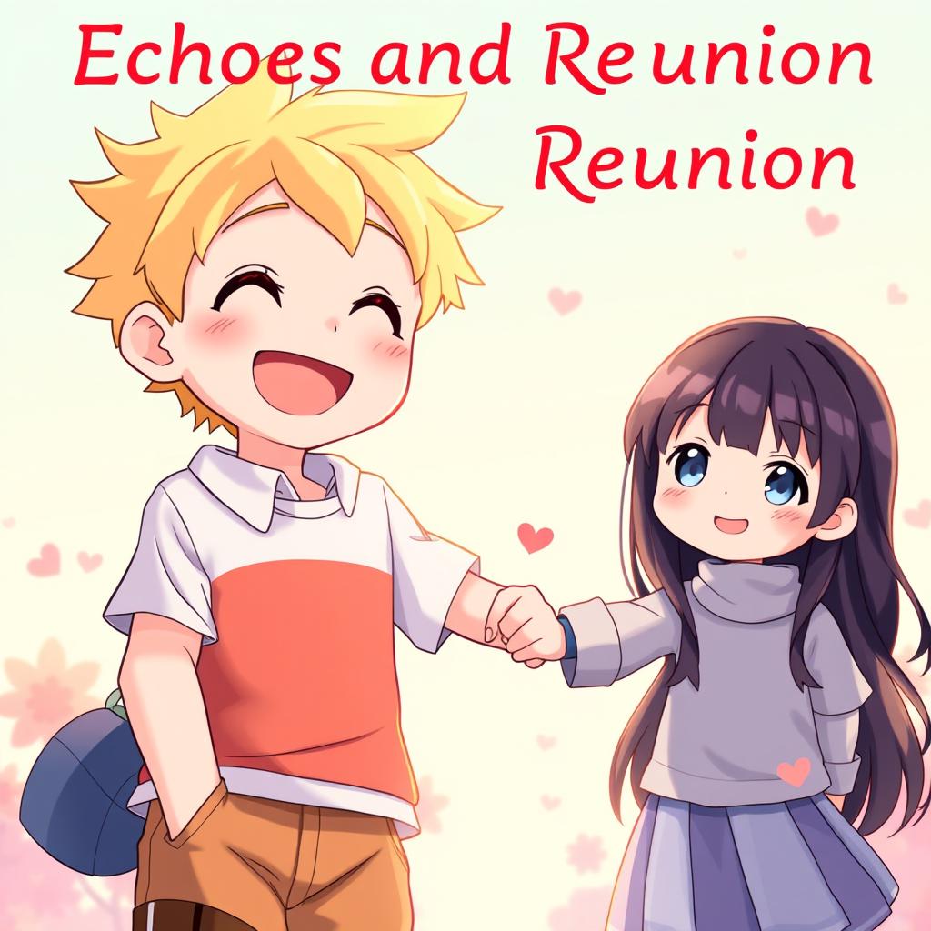 An anime style book cover titled 'Echoes and Reunion', featuring a cheerful boy with bright blonde hair and a radiant smile, holding hands with a shy girl with dark black hair