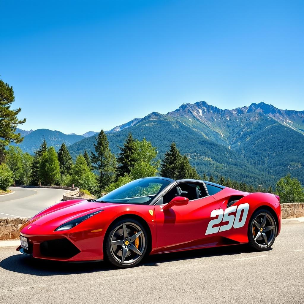A high-resolution image of a sports car parked on a winding mountain road, surrounded by lush green trees and a clear blue sky